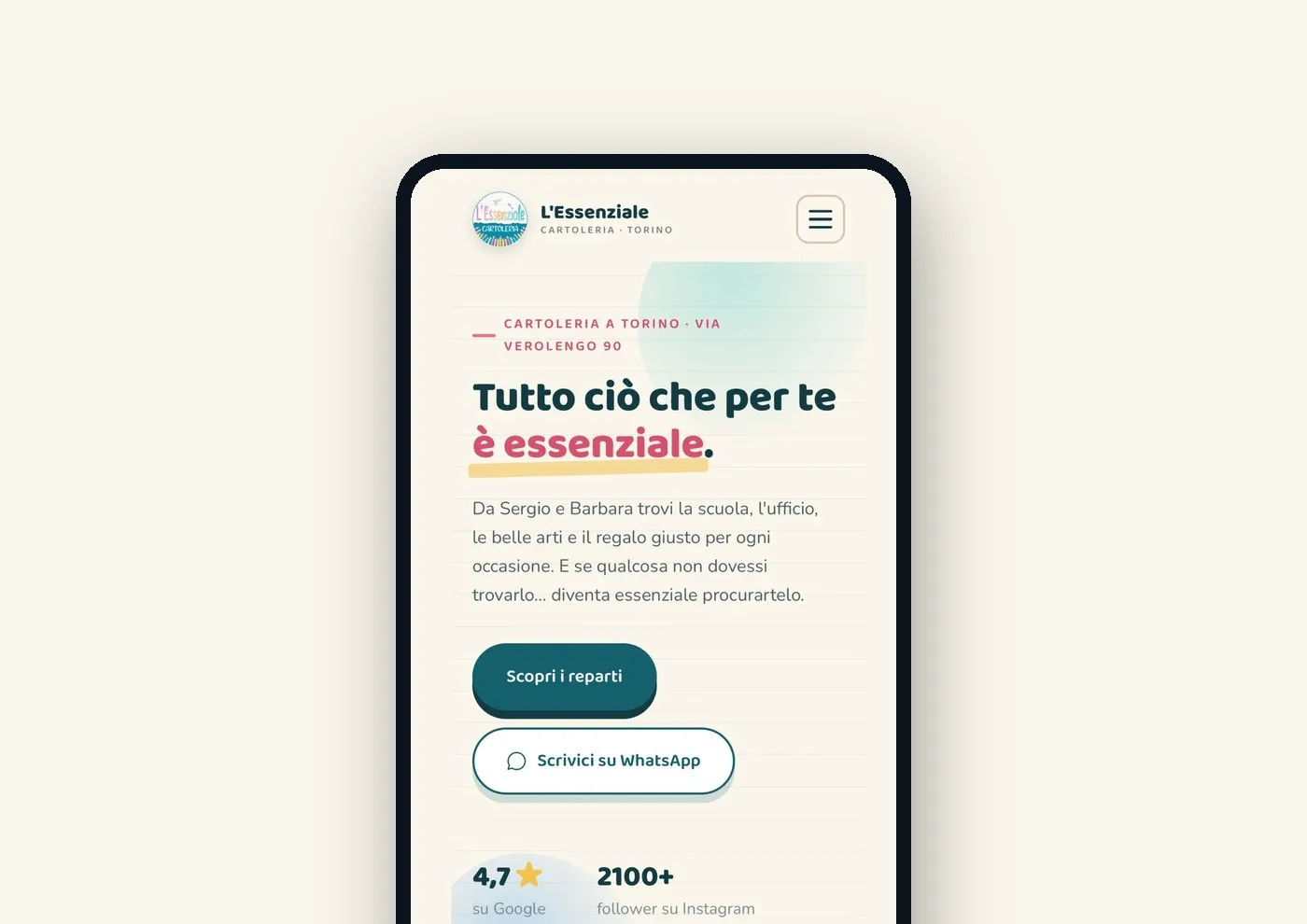 Il sito de L'Essenziale Cartoleria su smartphone