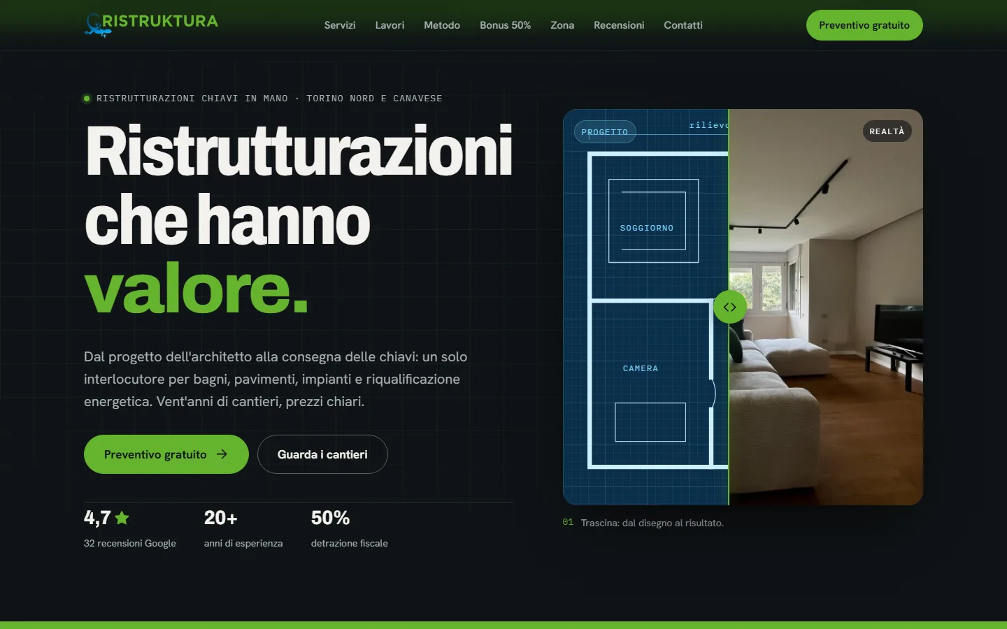 Il sito di Ristruktura: ristrutturazioni chiavi in mano, con il confronto progetto e realtà